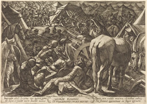 Gideon Frightens His Enemies in Their Camp by Antonio Tempesta, print, 1613