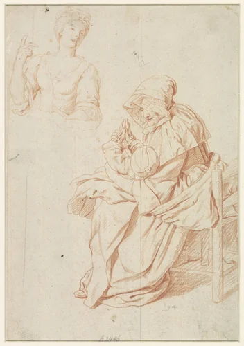 Oude vrouw met baby en halffiguur van zingende vrouw by Jan Josef Horemans, drawing, 1724-1790