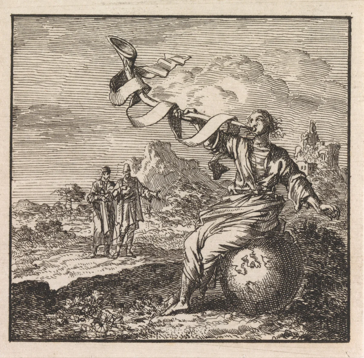 Vrouw blaast vanaf de wereldbol op een bazuin by Jan Luyken, print, 1710