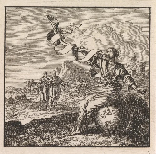 Vrouw blaast vanaf de wereldbol op een bazuin by Jan Luyken, print, 1710