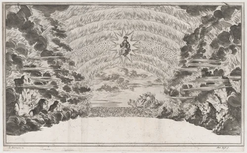 A female figure in glory at center, surrounded by burning rocks; below Cupid sailing on a burning chariot; set design from 'Il Pomo D'Oro' by Mathäus Küsel, print, 1668