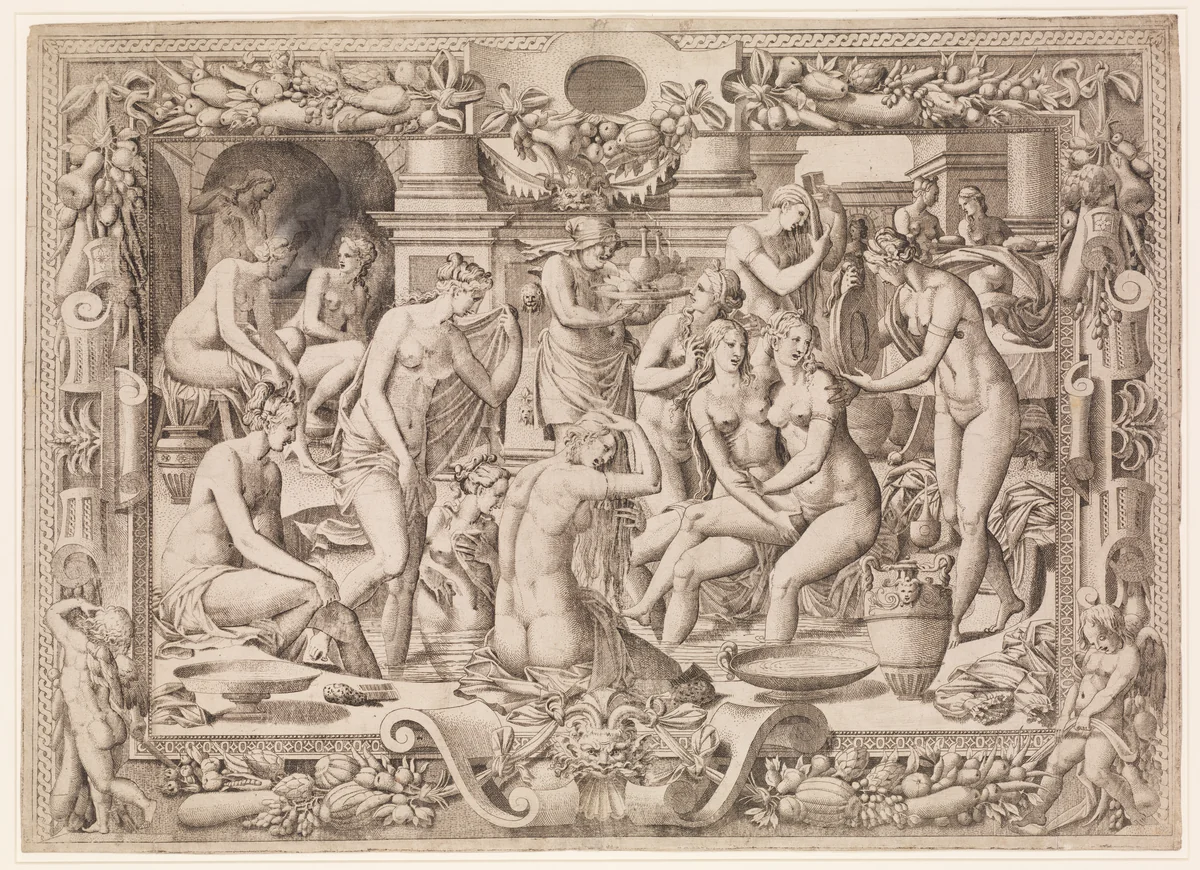 Women Bathing by Jean Mignon, print, 1535-1555