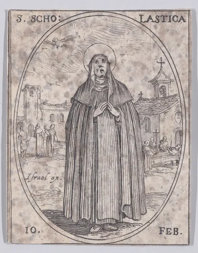 Ste. Scholastique (St. Scholastica), February 10th, from "Les Images De Tous Les Saincts et Saintes de L'Année" (Images of All of the Saints and Religious Events of the Year) by Jacques Callot, print, 1636
