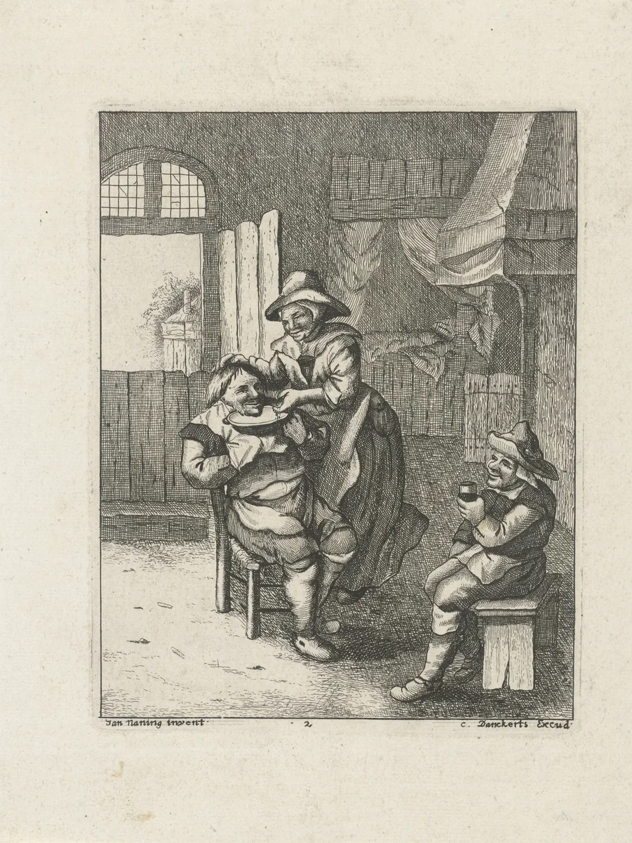Boeren in een interieur by Jan Naning, print, 1650-1699