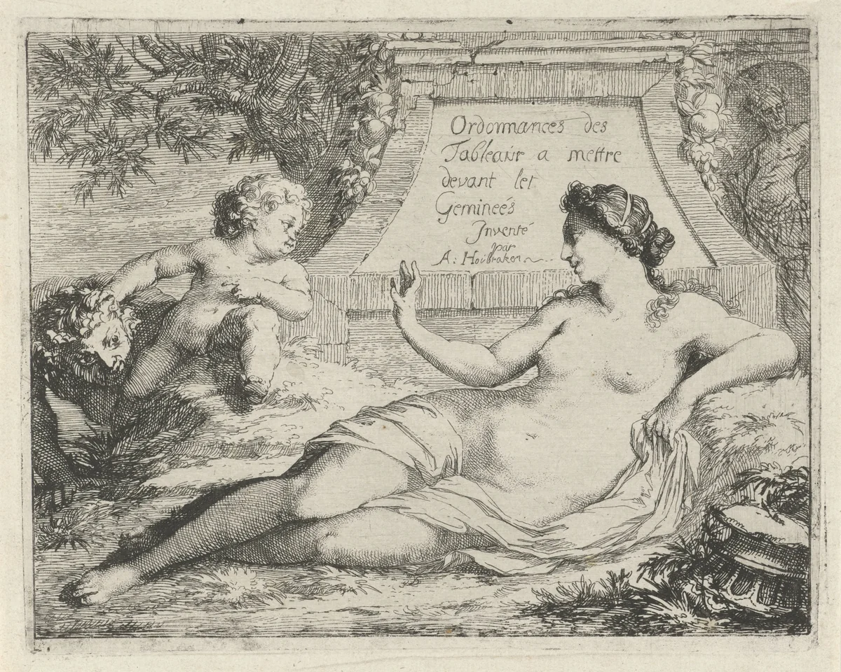 Venus bespied door een sater by Arnold Houbraken, print, 1688-1700