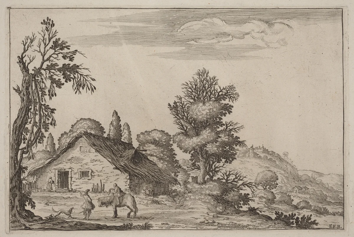 Landscape with a Traveler before a Cottage by Ercole Bazicaluva, print, 1638