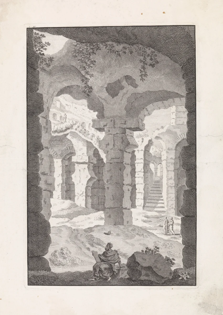 Geleerde zit tussen gewelven van een ruïne by Bonaventura van Overbeek, print, 1708
