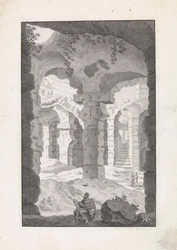 Geleerde zit tussen gewelven van een ruïne by Bonaventura van Overbeek, print, 1708