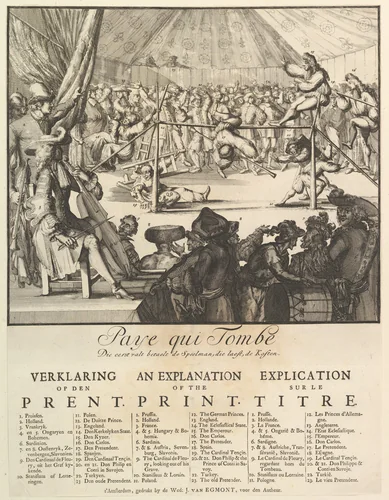 Paye qui Tombe: Die eerst valt betaelt de Speelman, die laest, de Kosten (The Fall of the Country: The First That Falls Pays the Player, the Last the Costs) by Romeyn de Hooghe, print, 1660-1708
