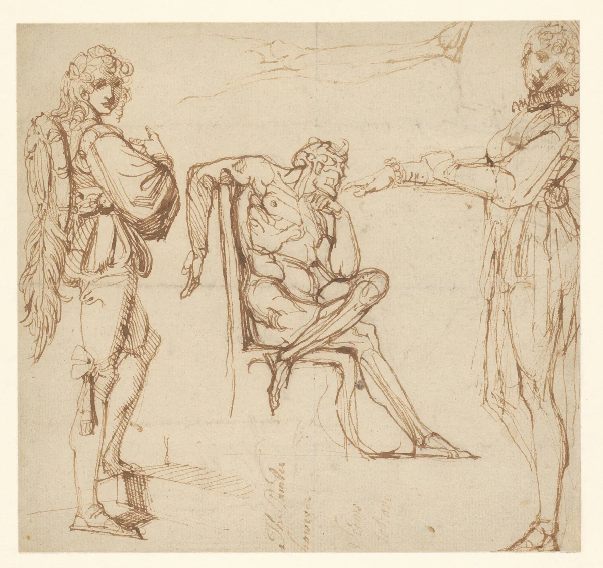 Studies van twee staande figuren, een zittende man en een been by Johann Heinrich Füssli, drawing, 1795-1810