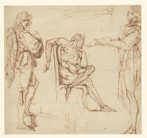 Studies van twee staande figuren, een zittende man en een been by Johann Heinrich Füssli, drawing, 1795-1810