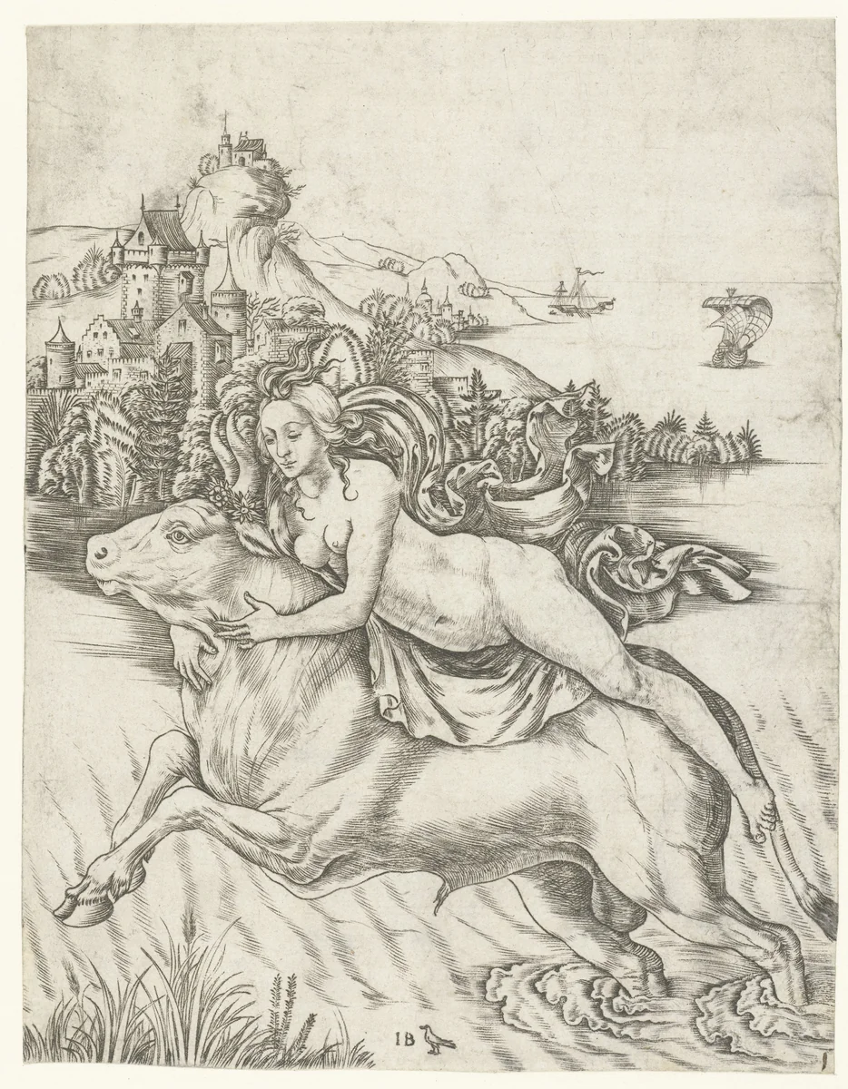 Ontvoering van Europa op rug van Jupiter in gedaante van stier by Unknown, print, 1500-1515