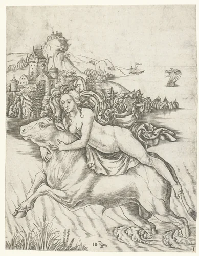 Ontvoering van Europa op rug van Jupiter in gedaante van stier by Unknown, print, 1500-1515