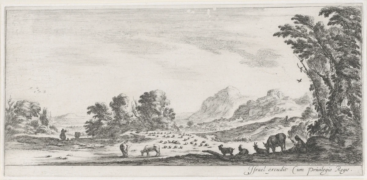 Spinnende herderin met kudde by Stefano della Bella, print, 1620-1664