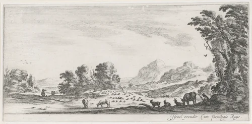 Spinnende herderin met kudde by Stefano della Bella, print, 1620-1664
