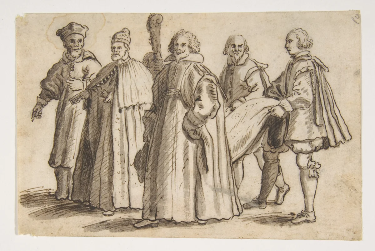 A Doge of Venice with a Cardinal, a Councillor and Servants Bearing the Train by Bernardino Rodriguez, drawing, 1600-1650