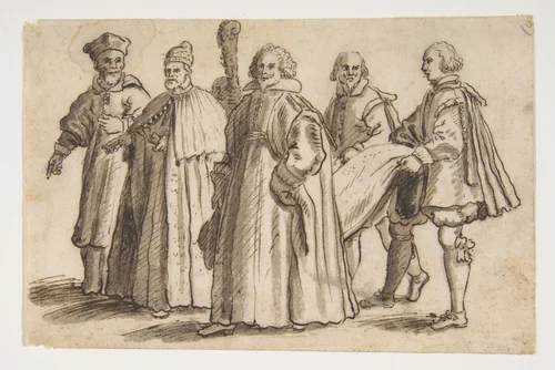 A Doge of Venice with a Cardinal, a Councillor and Servants Bearing the Train by Bernardino Rodriguez, drawing, 1600-1650