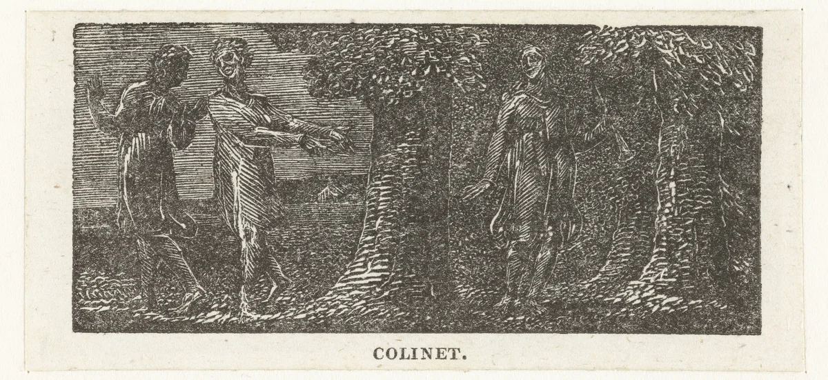 Colinet wordt bespot by William Blake, print, 1820-1821
