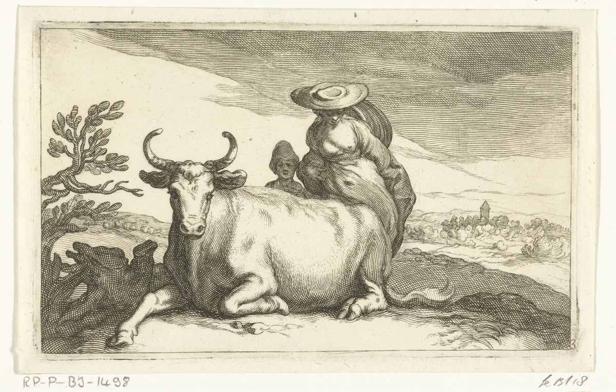 Koe met vrouw en kind by Frederick Bloemaert, print, 1635-1670