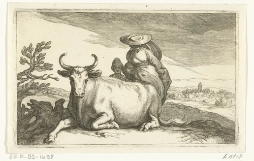 Koe met vrouw en kind by Frederick Bloemaert, print, 1635-1670