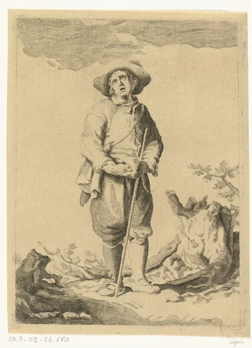 Staande man met stok in landschap by anonymous, print, 1650-1750