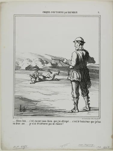 “- Oh blast! .... it's again my own dog that I shot..... that's the third one in two years.... I'm really not very lucky at hunting!,” plate 6 from Croquis D'automne par Daumier by Honoré-Victorin Daumier, print, 1865