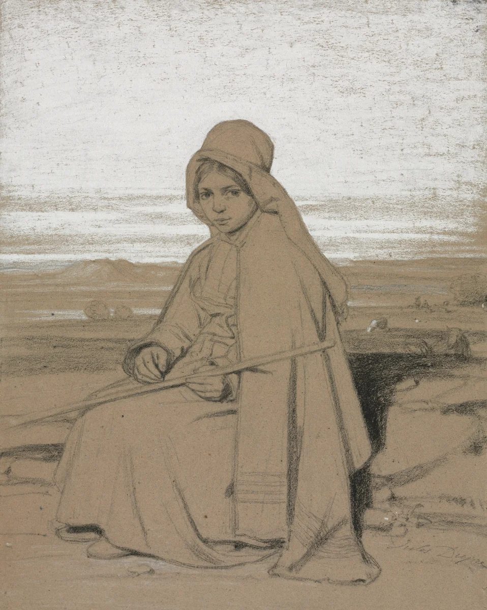 A Seated Shepherdess by Jules Dupré, drawing, 1831-1841