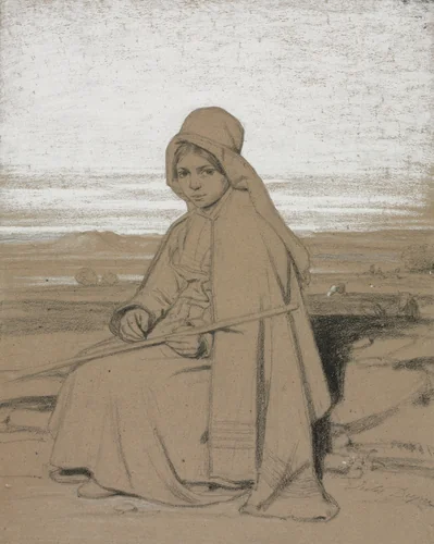 A Seated Shepherdess by Jules Dupré, drawing, 1831-1841
