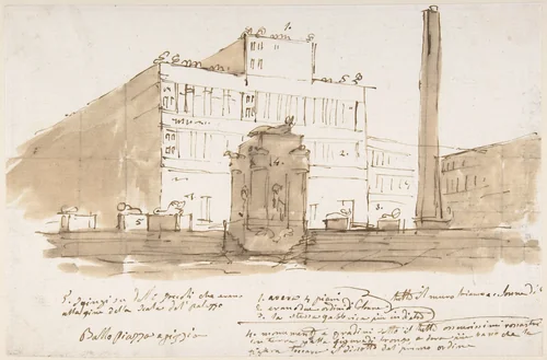 Stage design: piazza with a building, an obelisk, and a monument. Building and monument with numbers referring to inscription below. by anonymous, drawing, 1700-1800