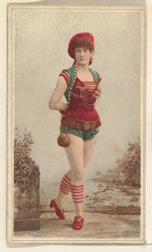 Actress in red and white striped knee socks, from Stars of the Stage, Second Series (N130) issued by Duke Sons & Co. to promote Honest Long Cut Tobacco by W. Duke, Sons & Co., print, 1891