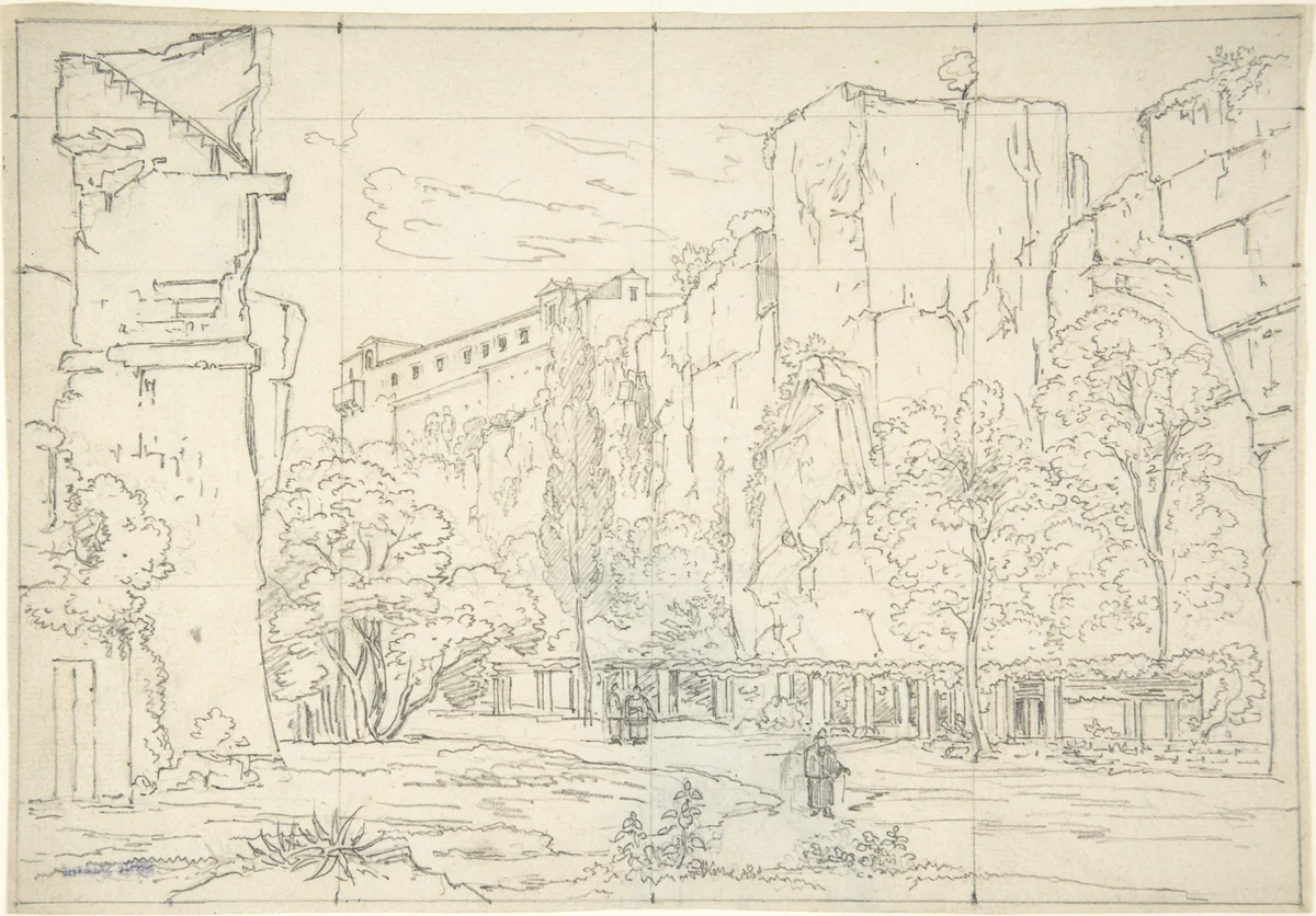 Italian View: A Pathway and Arbor at the Base of Cliffs by Friedrich Salathé, drawing, 1815-1821
