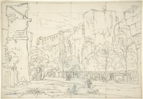 Italian View: A Pathway and Arbor at the Base of Cliffs by Friedrich Salathé, drawing, 1815-1821