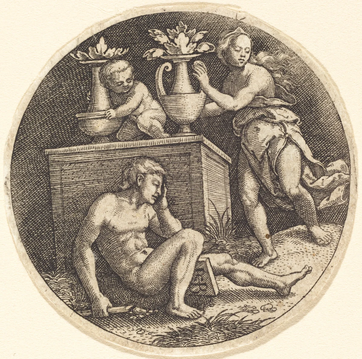 Youth Sleeping before an Altar by Jakob Binck, print, 1500-1569