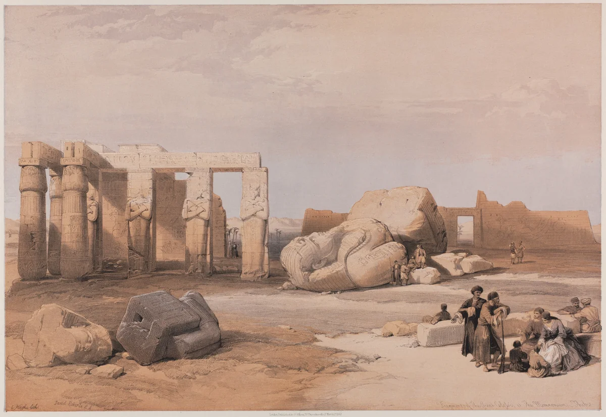 Egypt and Nubia, Volume II: Fragments of the Great Colossi at the Memnonium, Thebes by Louis Haghe, print, 1847