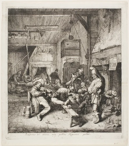 Violin Player Seated in the Inn by Cornelis Dusart, print, 1685
