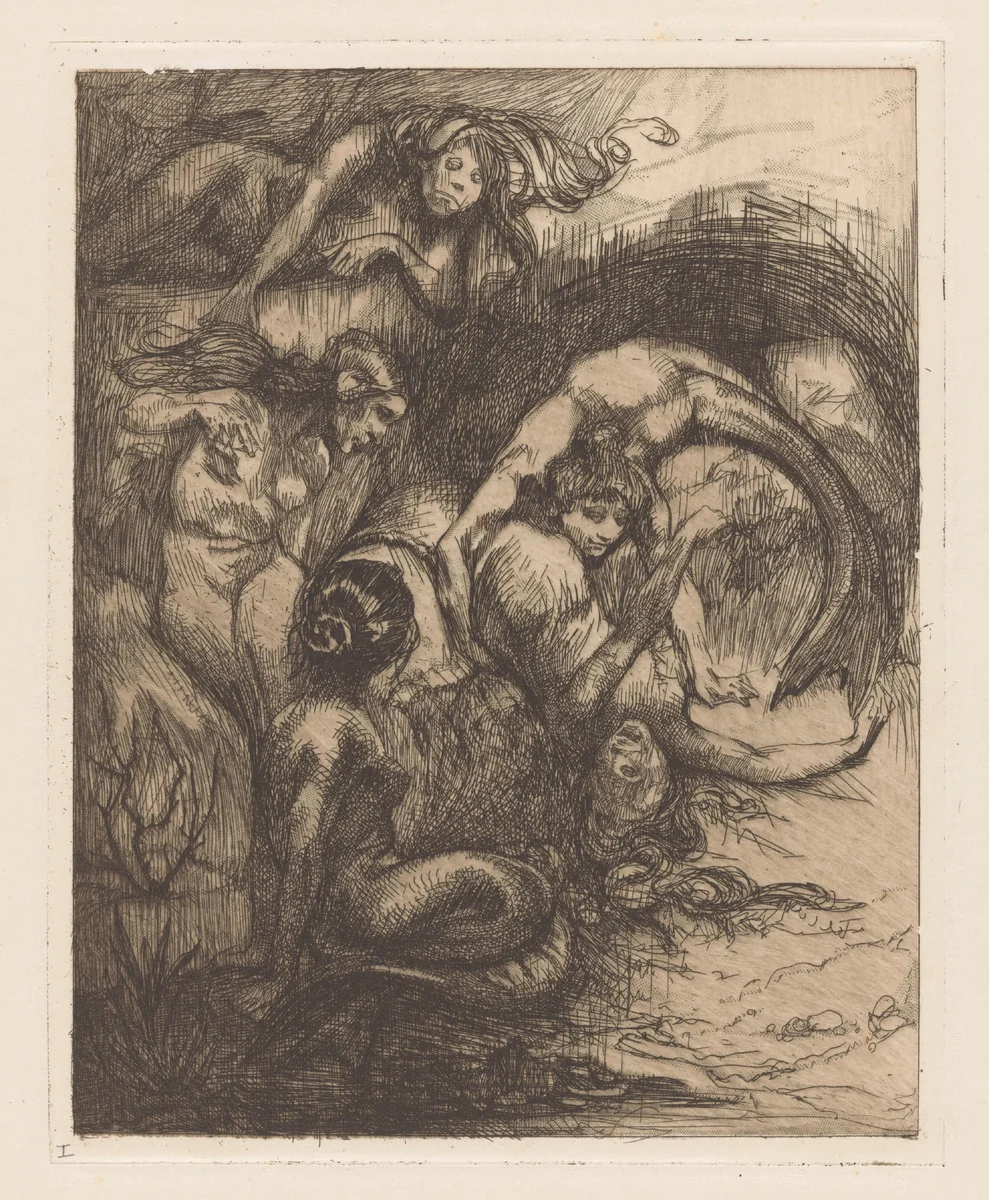 Vijf zeemeerminnen by Johannes Josephus Aarts, print, 1881-1934