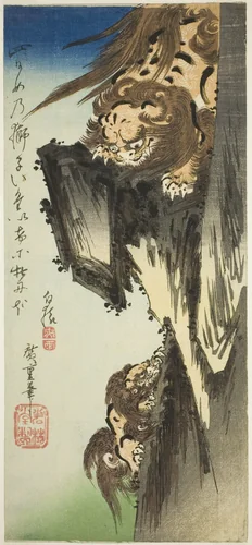 A Lion Training a Cub by Utagawa Hiroshige (歌川広重), print, 1827-1839