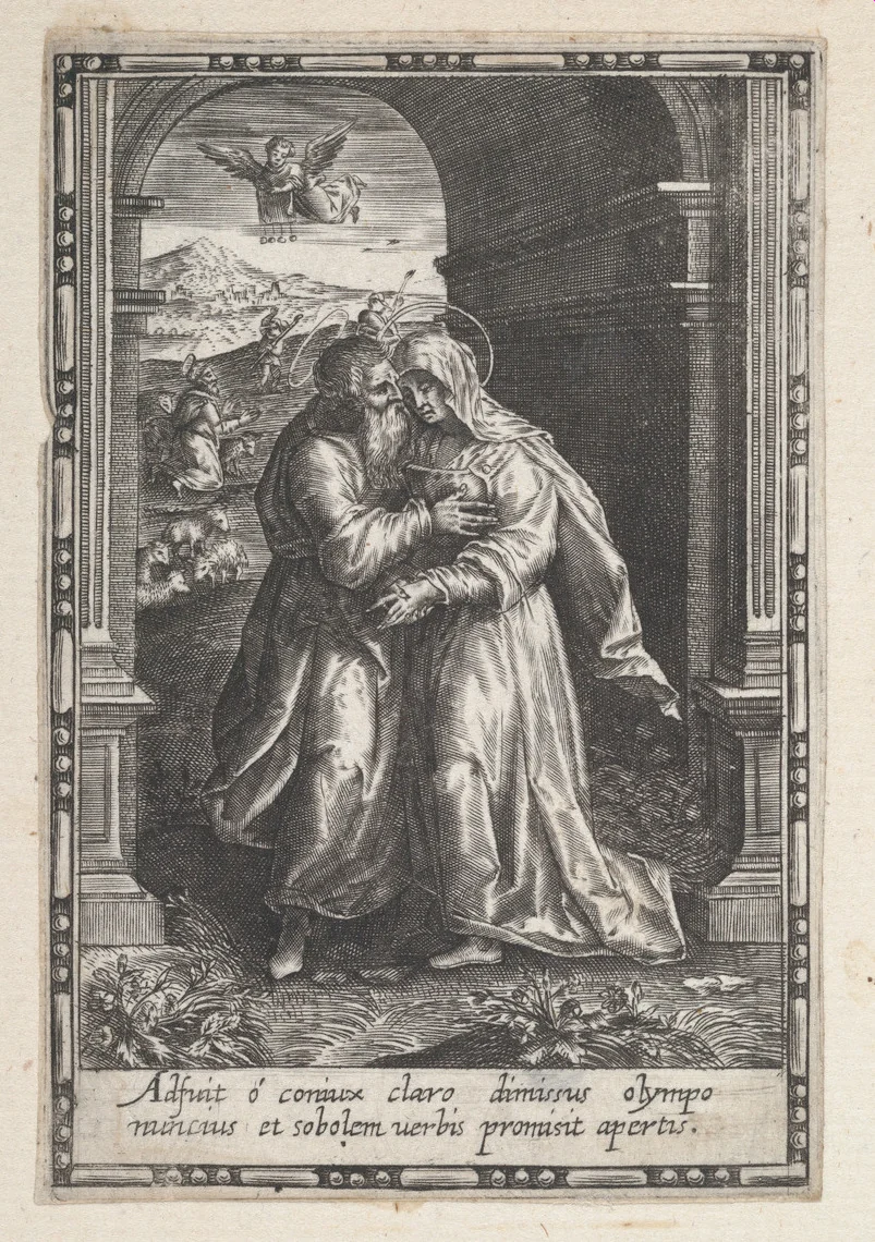 Joachim and Anne Meeting at the Golden Gate by anonymous, print, 1590-1625