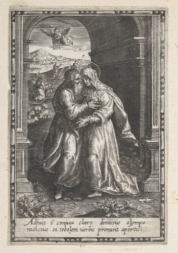Joachim and Anne Meeting at the Golden Gate by anonymous, print, 1590-1625