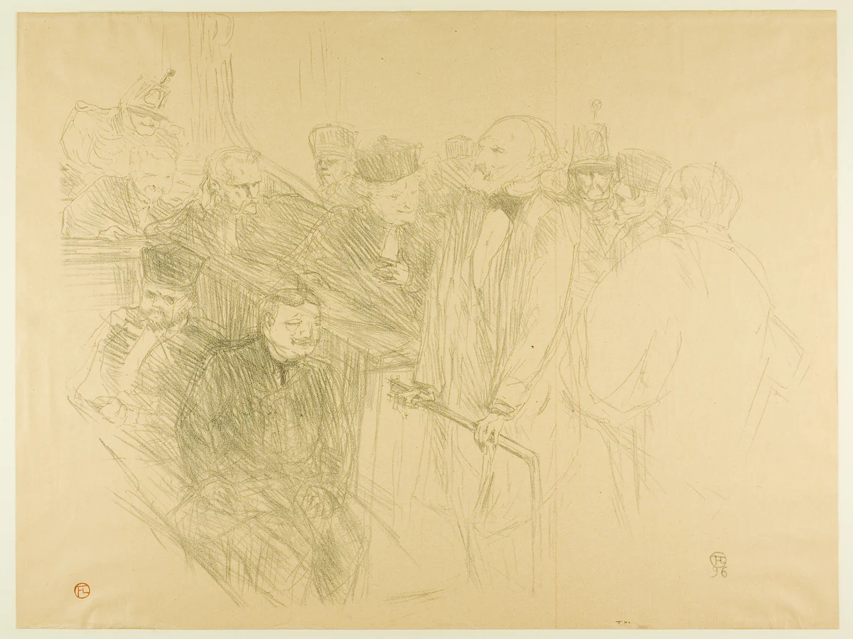 The Arton Trial, Ribot Giving Evidence (second plate) by Henri de Toulouse-Lautrec, print, 1896
