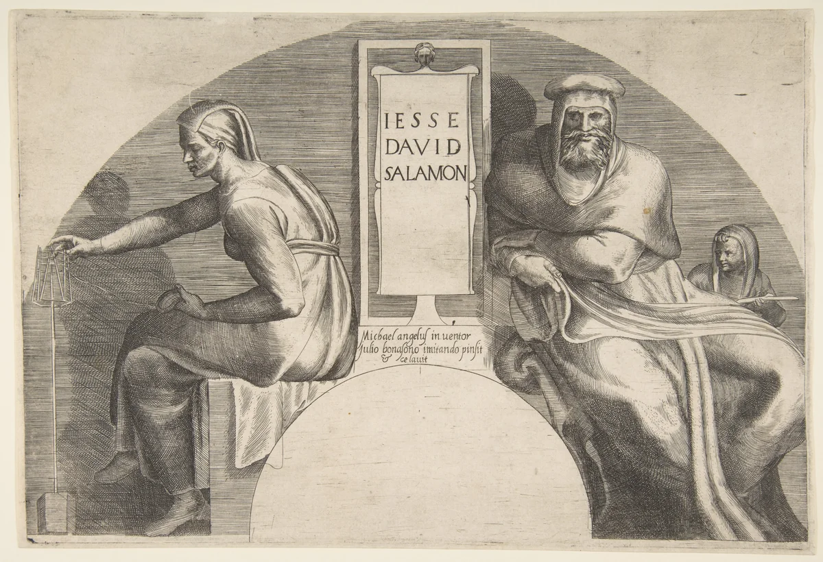 The ancestors of Christ flanking an inscribed tablet, an arched top composition by Giulio Bonasone, print, 1531-1576