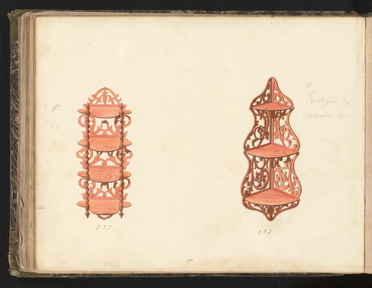 Twee ontwerpen voor etagères by anonymous, drawing, 1825-1839