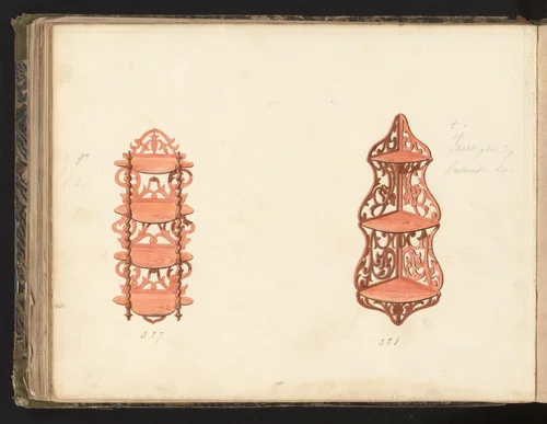Twee ontwerpen voor etagères by anonymous, drawing, 1825-1839