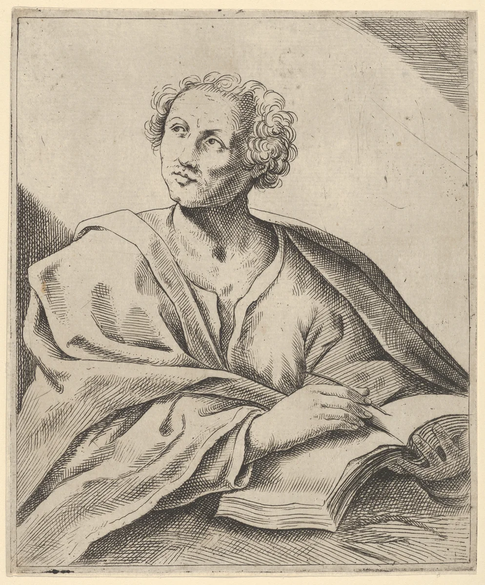 A man holding a book, about to write in it, looking upwards to the left by anonymous, print, 1600-1699