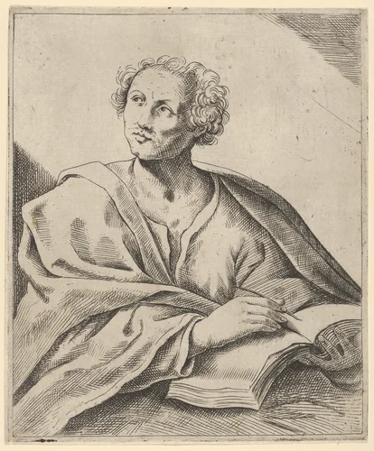 A man holding a book, about to write in it, looking upwards to the left by anonymous, print, 1600-1699