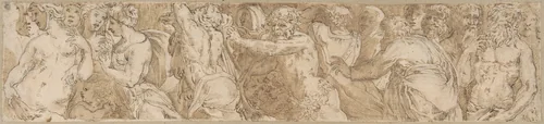 Procession (left-hand portion of border below Sacrifice of Isaac, inlaid-marble pavement, Siena Cathedral) by Domenico Beccafumi, drawing, 1520-1550