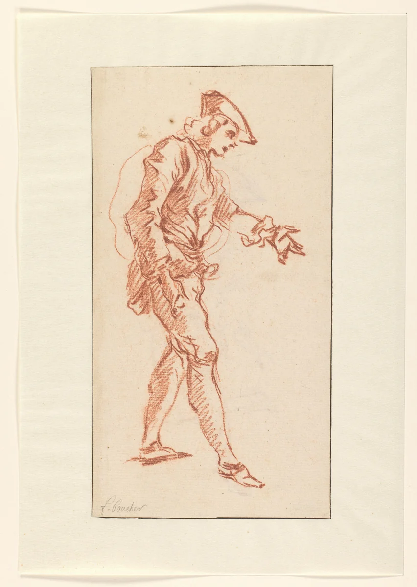 Standing huntman by François Boucher, drawing, 1713-1734