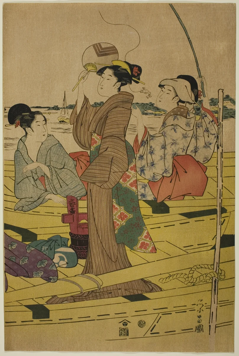 Women on a Fishing Boat by Chokosai Eisho, print, 1775-1805