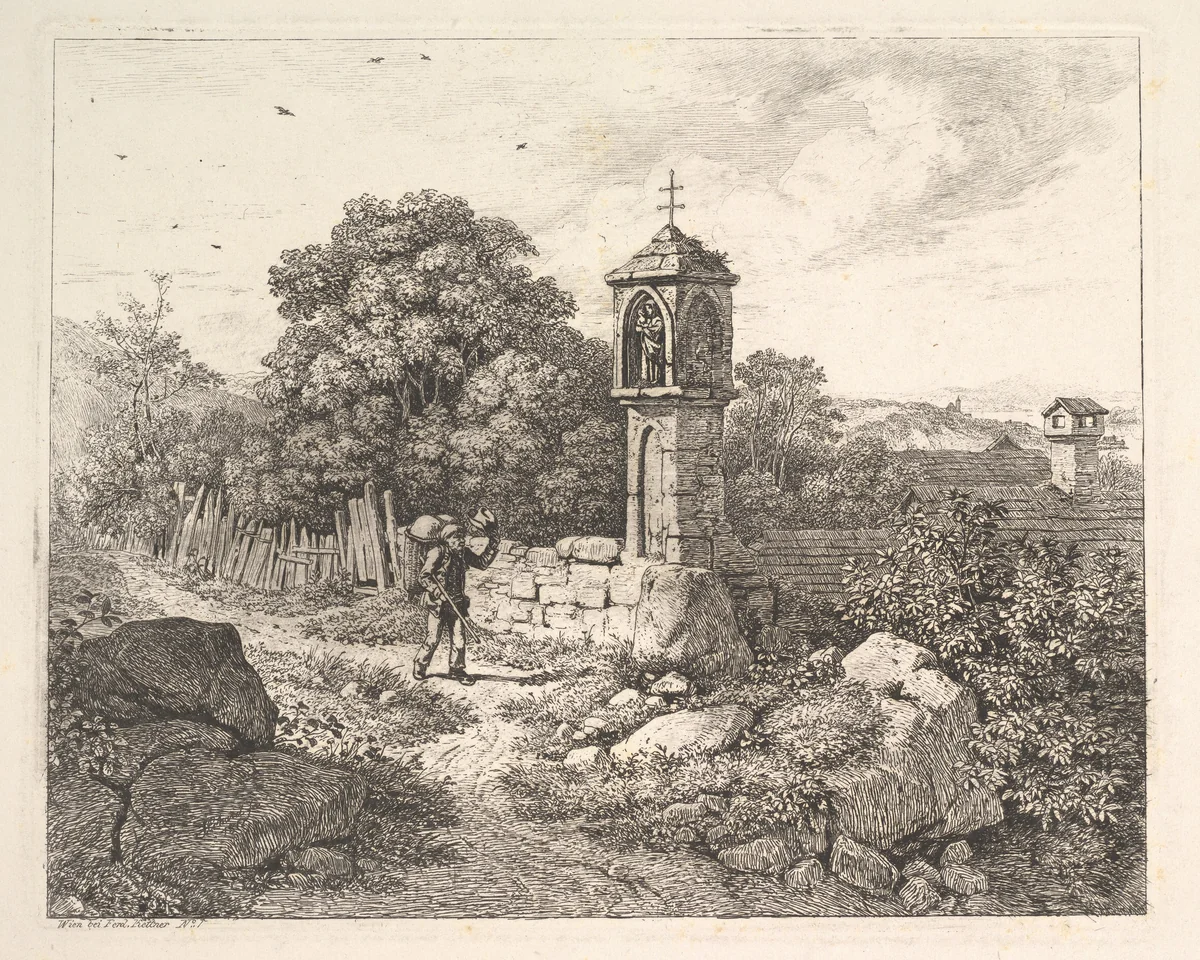 A Peasant Greeting the Statue of Mary by Johann Christoph Erhard, print, 1817