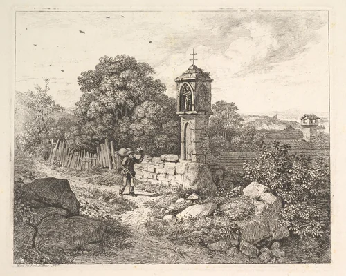 A Peasant Greeting the Statue of Mary by Johann Christoph Erhard, print, 1817